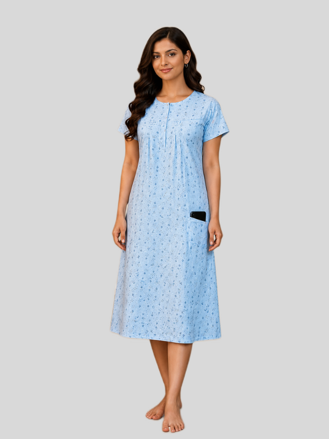 Women's Hosiery Cotton Nighty, Floral Print, Zip Neck, Side Pocket, Midi Length, Regular Fit Sleepwear