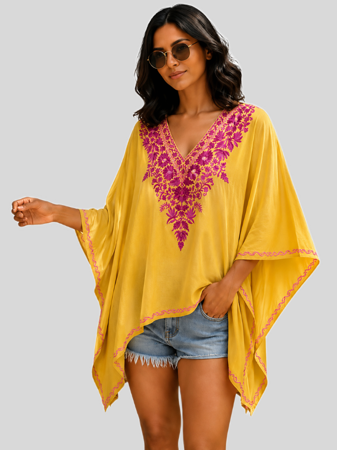 Women's Cotton Kashmiri Aari Embroidered Kaftan Top, Boho Floral V-Neck, Summer Casual Wear | Length 25 Inch | Free Size |